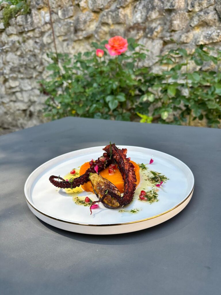 Plat de poulpe grillé avec purée orange et garniture de grenade et herbes